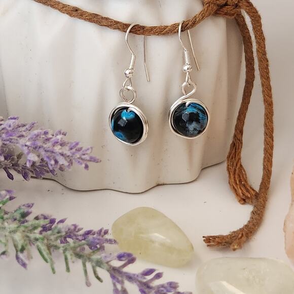 Blue Round Agate Stone Earrings, Silver-Plated Wire Wrapped Dangle Earrings - Picture 10 of 10